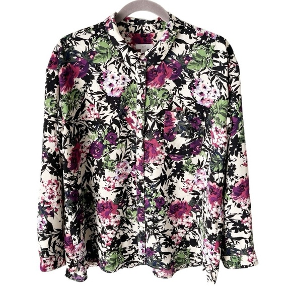 J. Jill Top Women's Large Petite LP Relaxed Shirttail Oatmeal Floral Office - Picture 1 of 10